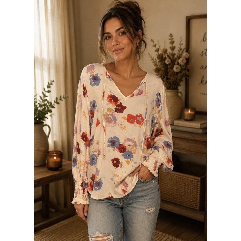 Lucky‎ Brand Large Blouse Ivory Red Blue Floral Long Sleeve Boho Tunic Top